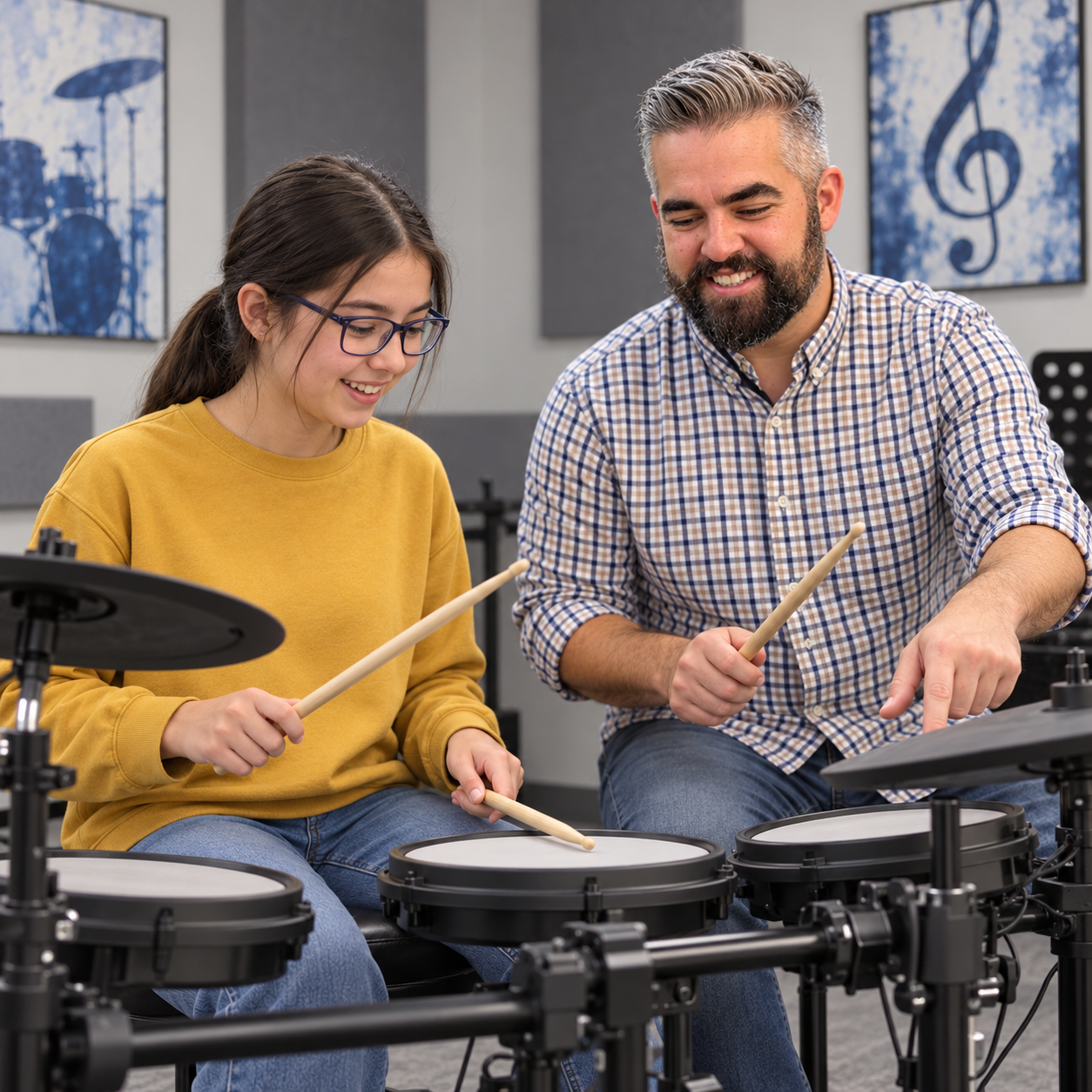 AI-generated illustration of Joseph teaching a student on an electronic drum kit