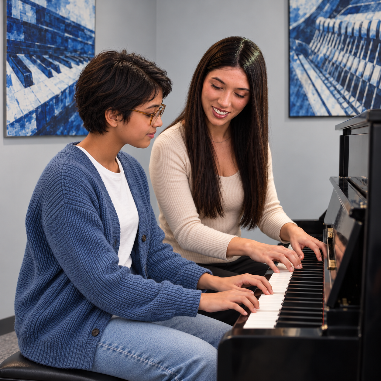 AI-generated illustration of Brooklyn teaching a new student at a black upright piano
