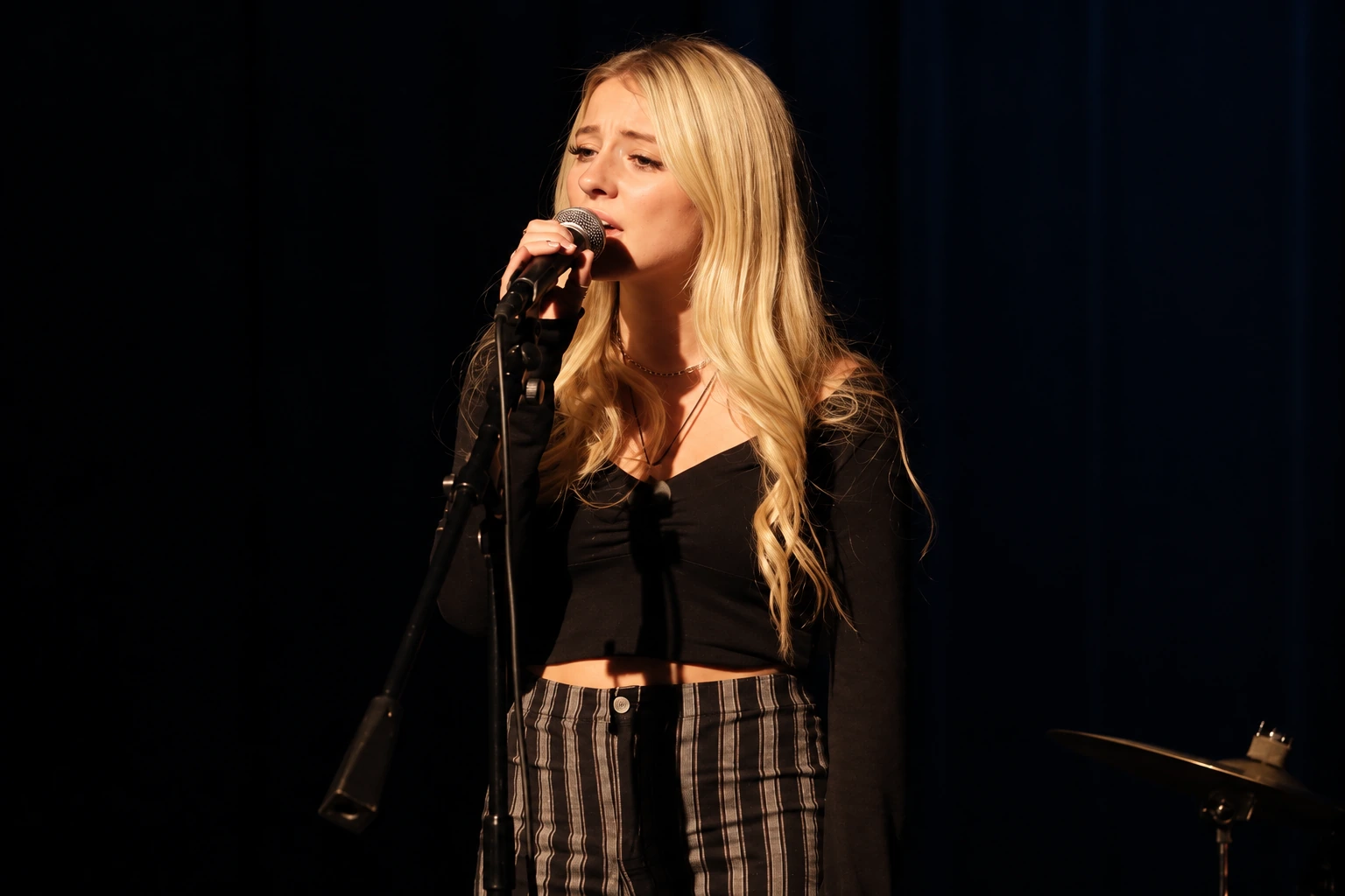 Vocalist singing into a microphone onstage