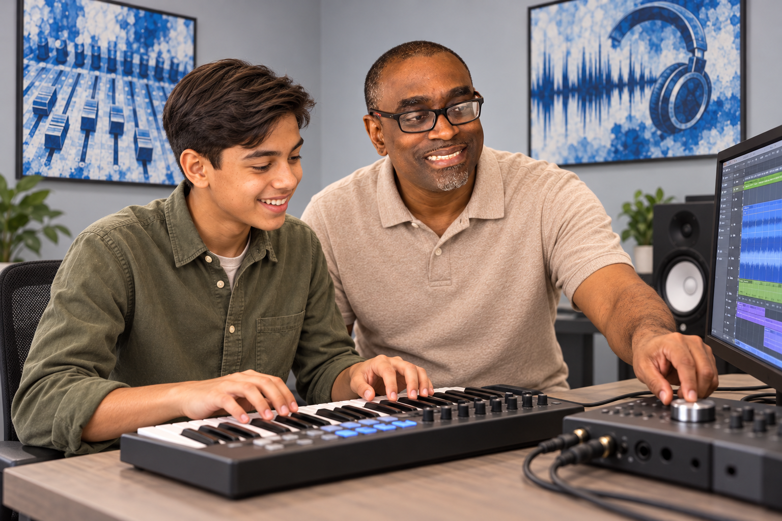 AI-generated illustration of KP teaching music production to a student