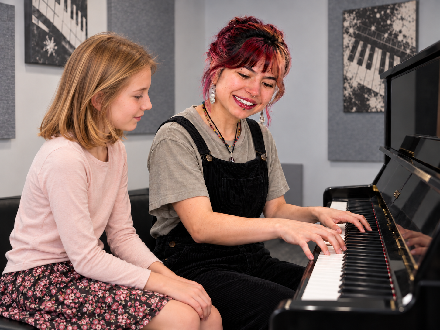AI-generated illustration of Zoe demonstrating with both hands on a black upright piano beside a new student