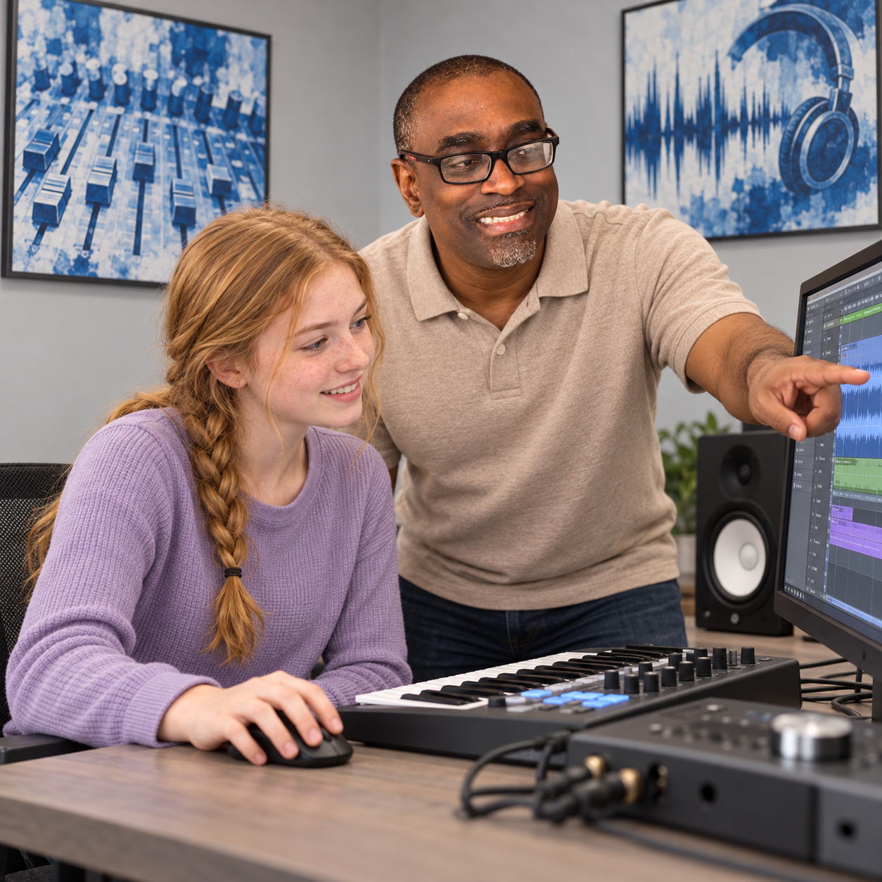 AI-generated illustration of KP teaching music production to a new student