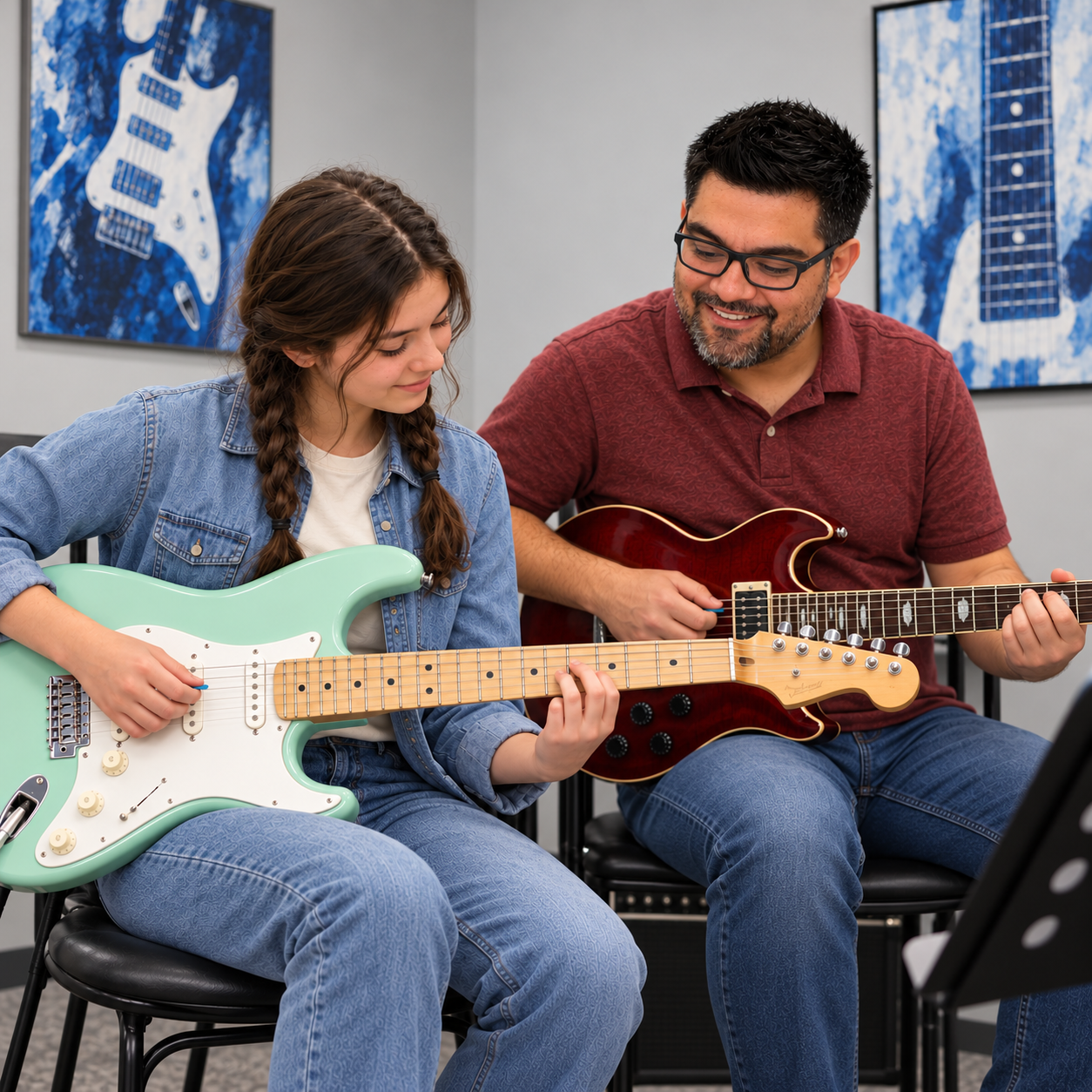 AI-generated illustration of Gabe teaching a student, each holding an electric guitar