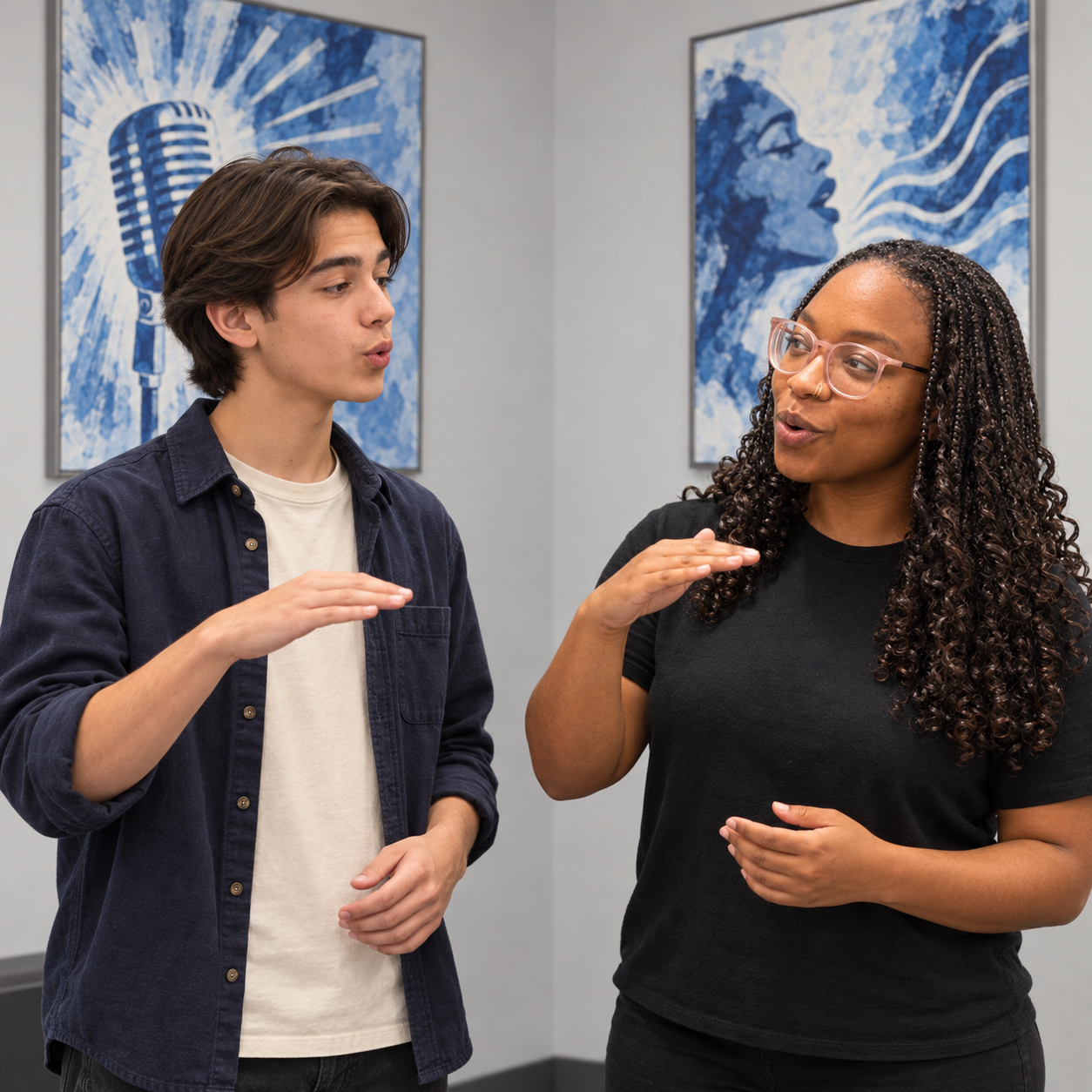 AI-generated illustration of Jamila guiding a new teenage student through a vocal warm-up
