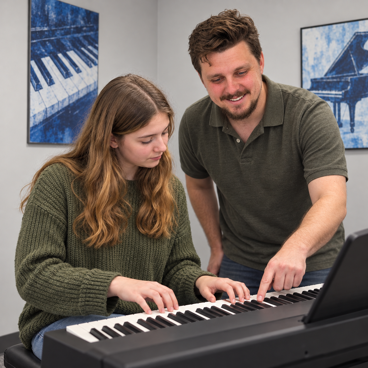 AI-generated illustration of Jonathan guiding a piano student