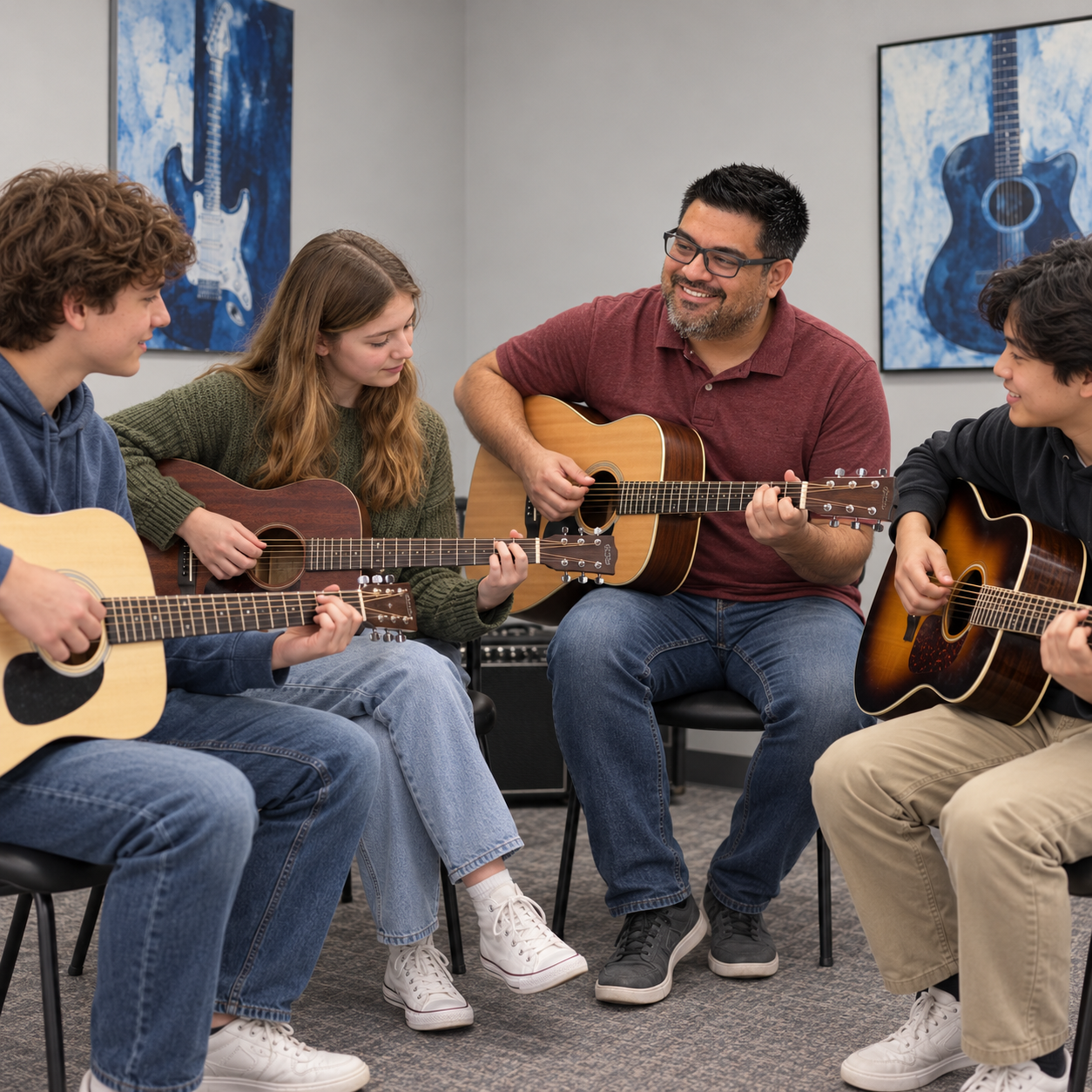 AI-generated illustration of Gabe teaching three students on distinct acoustic guitars
