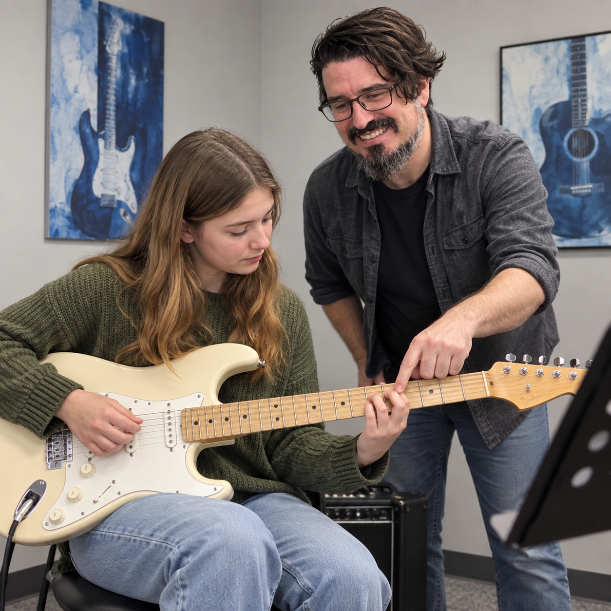 AI-generated illustration: guitar music scene
