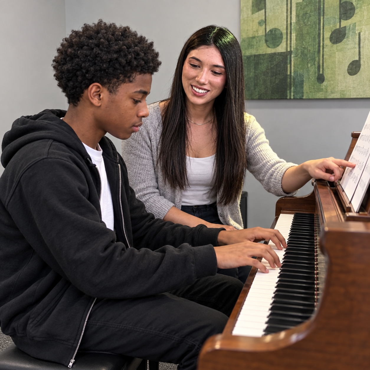 AI-generated illustration: piano music scene