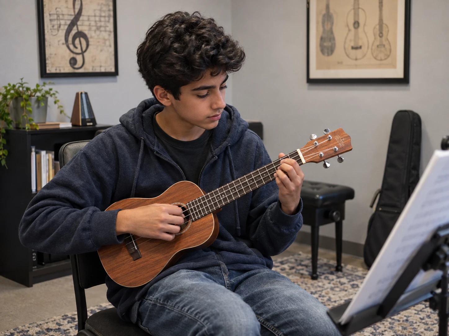 AI-generated illustration: ukulele music scene