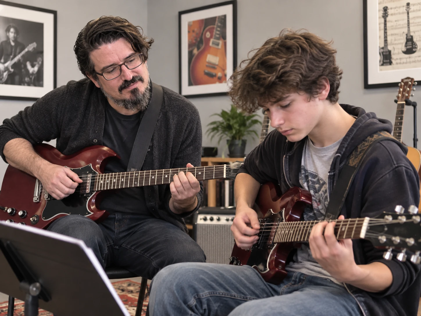 AI-generated illustration: guitar music scene