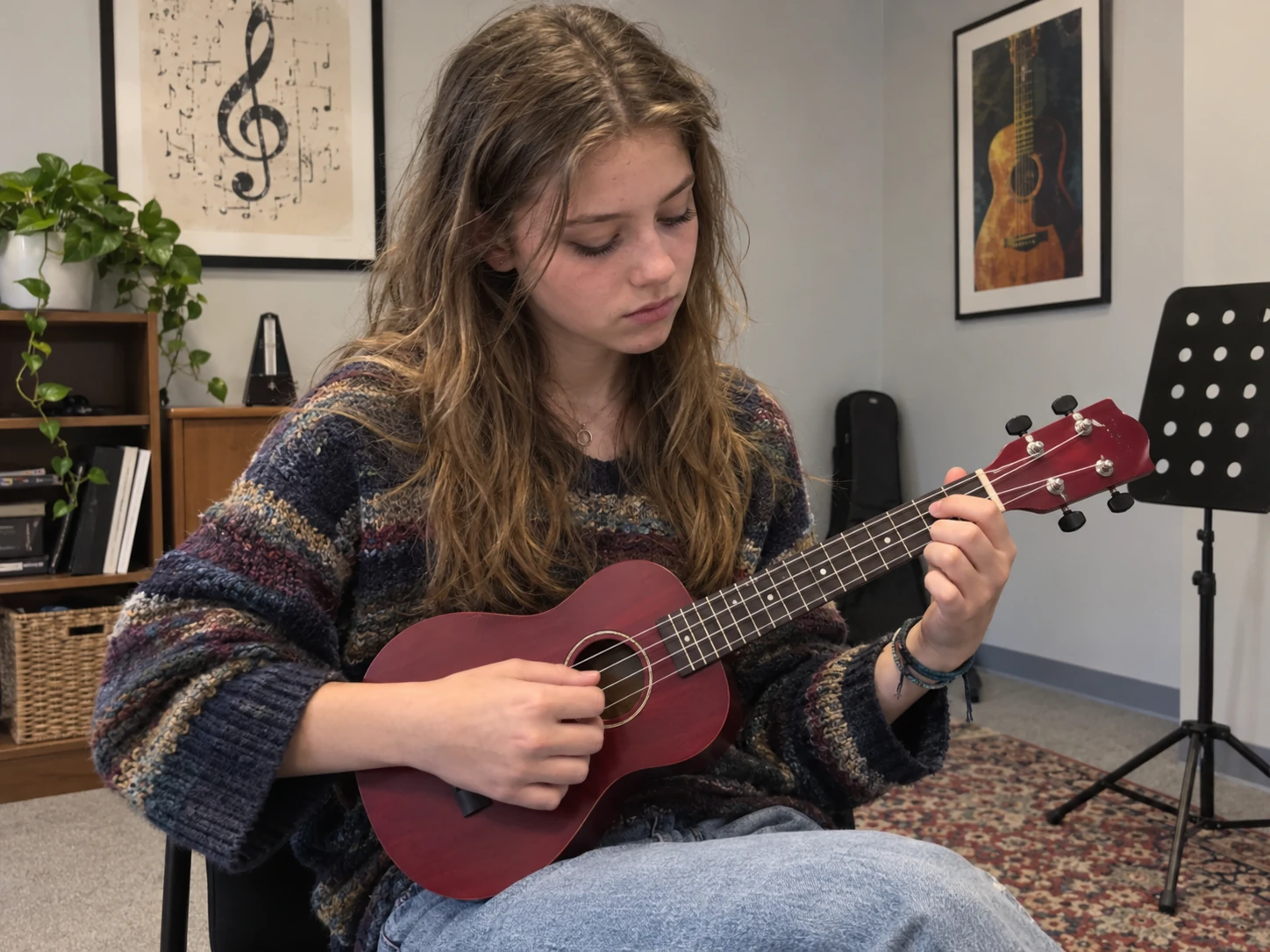 AI-generated illustration: ukulele music scene