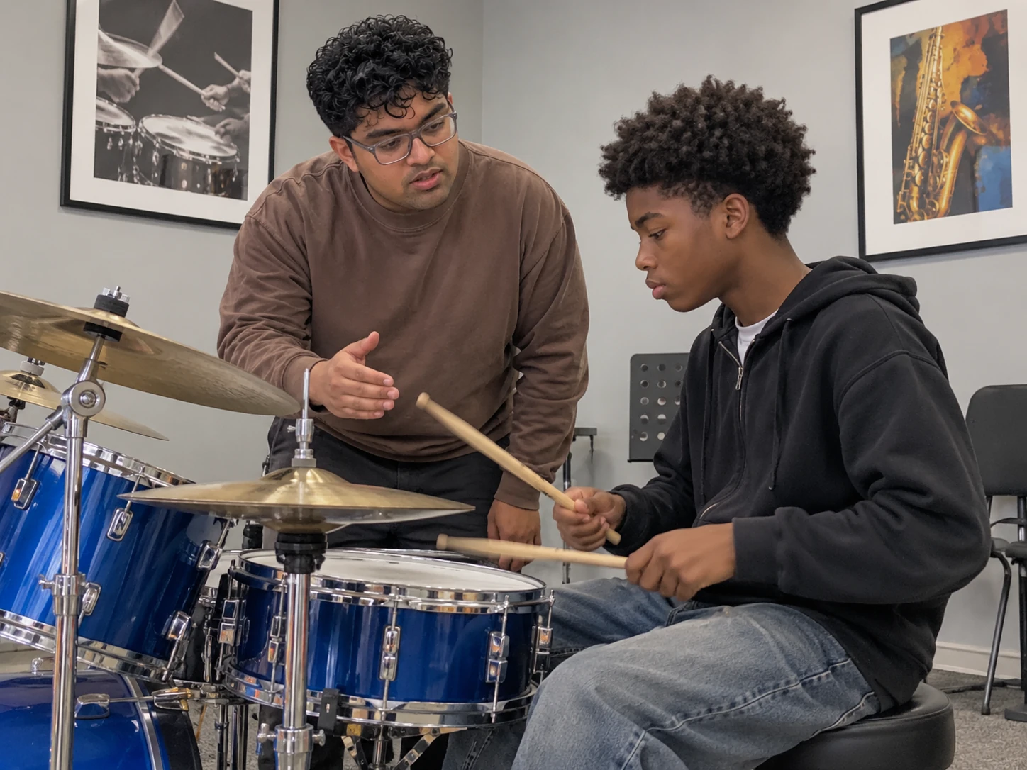 AI-generated illustration: drums music scene