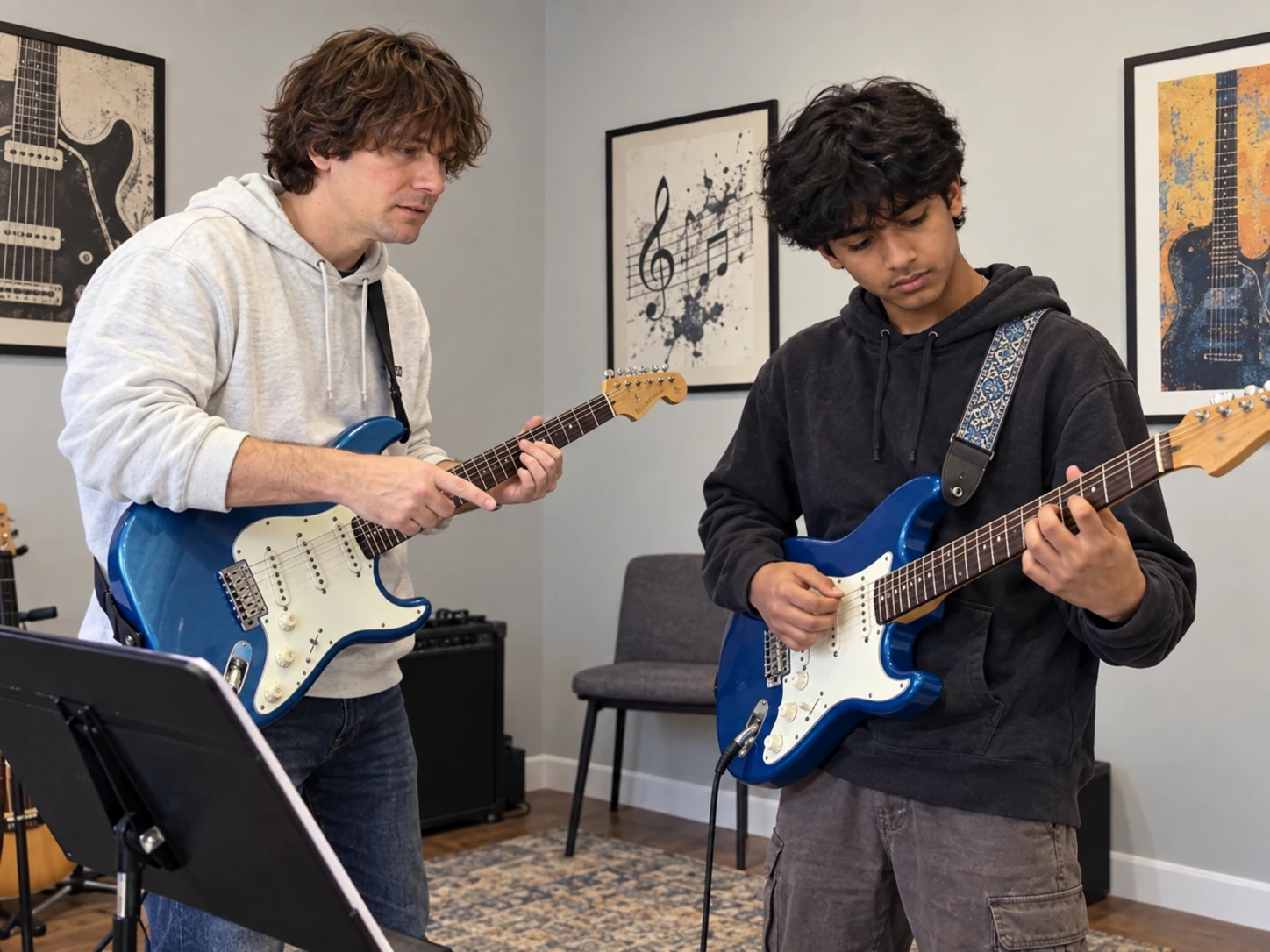 AI-generated illustration: guitar music scene