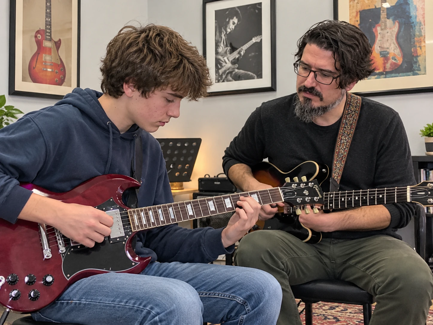 AI-generated illustration: guitar music scene