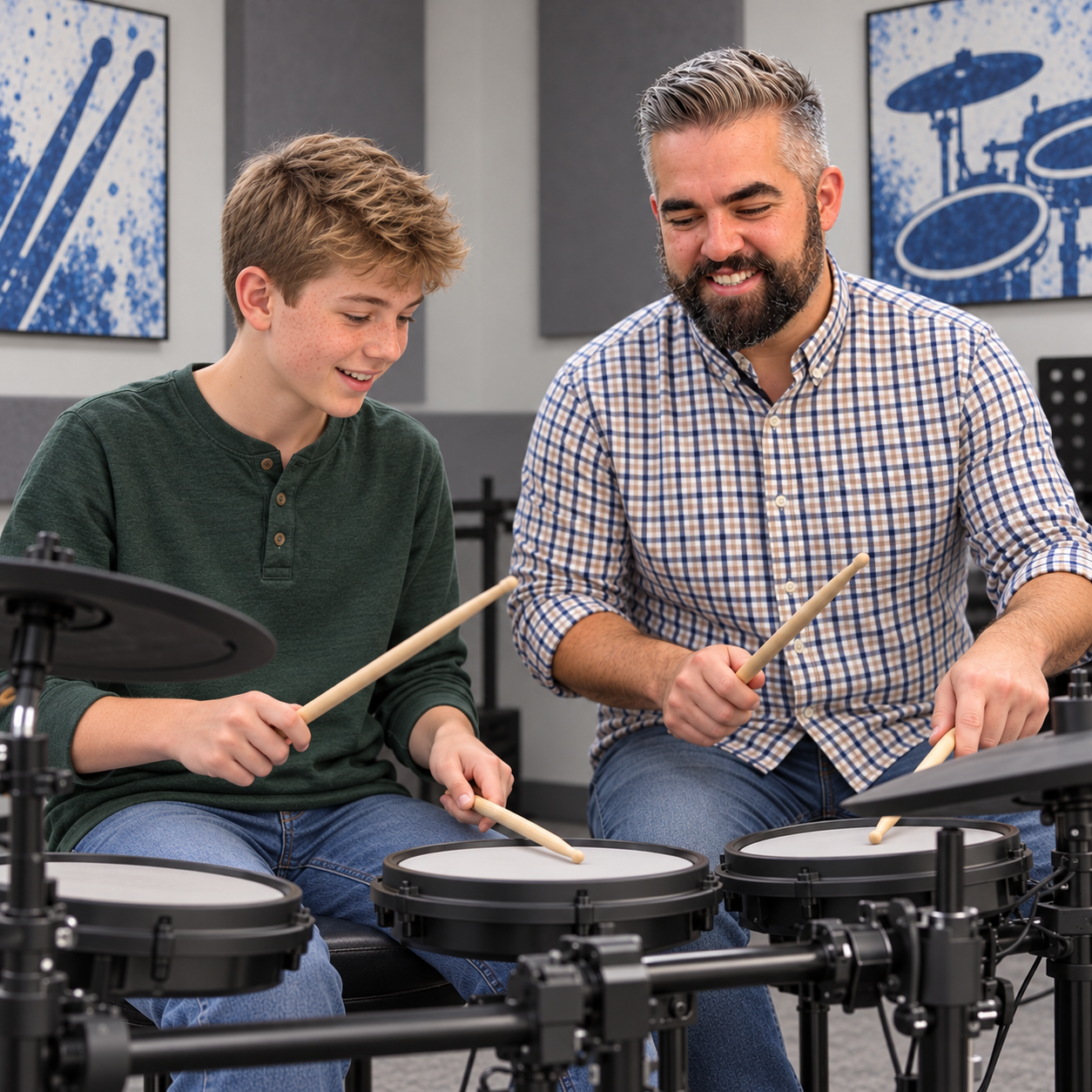 AI-generated illustration of Joseph teaching a new student at an electronic drum kit