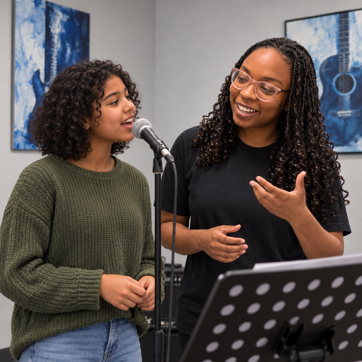 AI-generated illustration of Jamila teaching a voice student